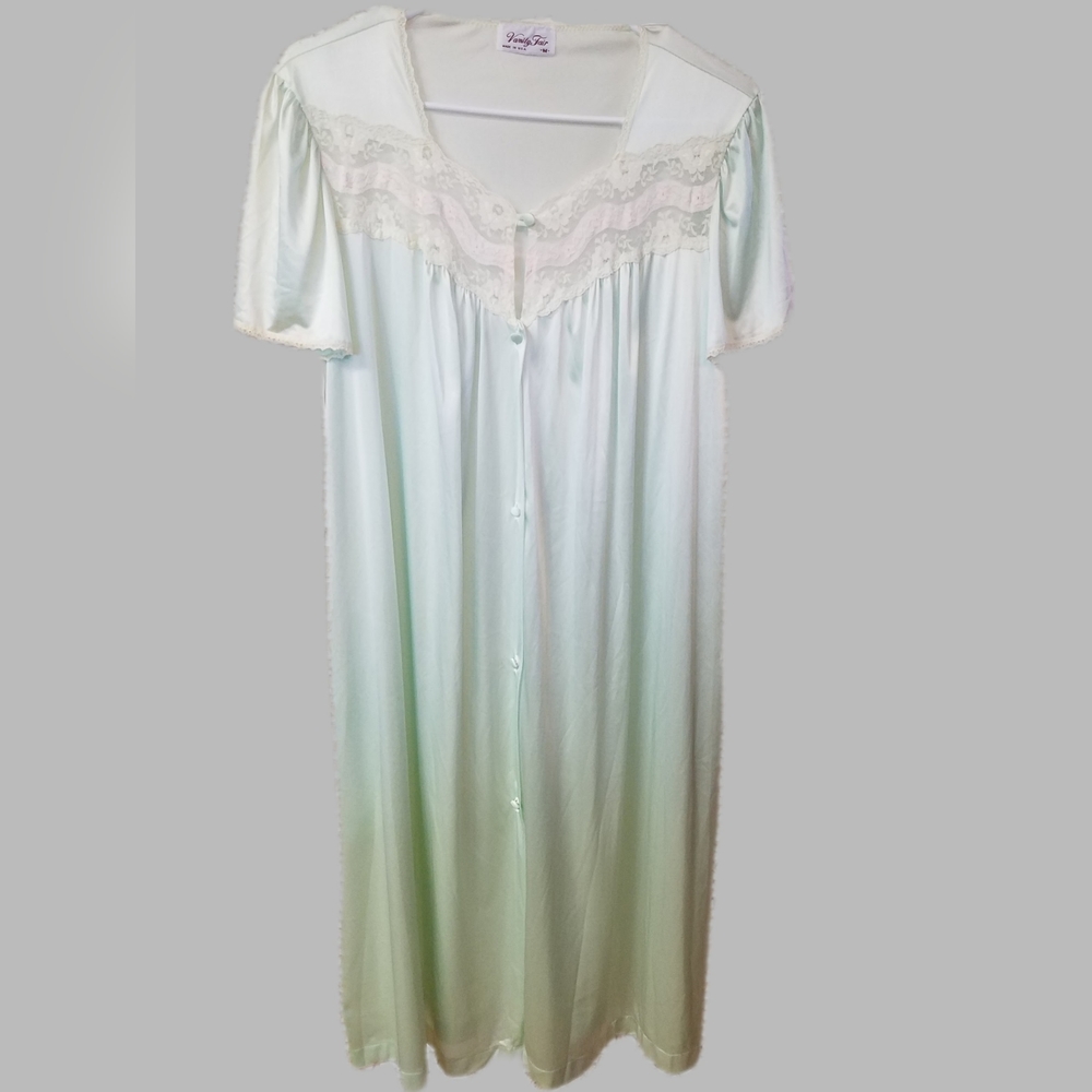 Vintage Vanity Fair Pastel Green, Yellow Lace Button Down House Coat Robe Nylon